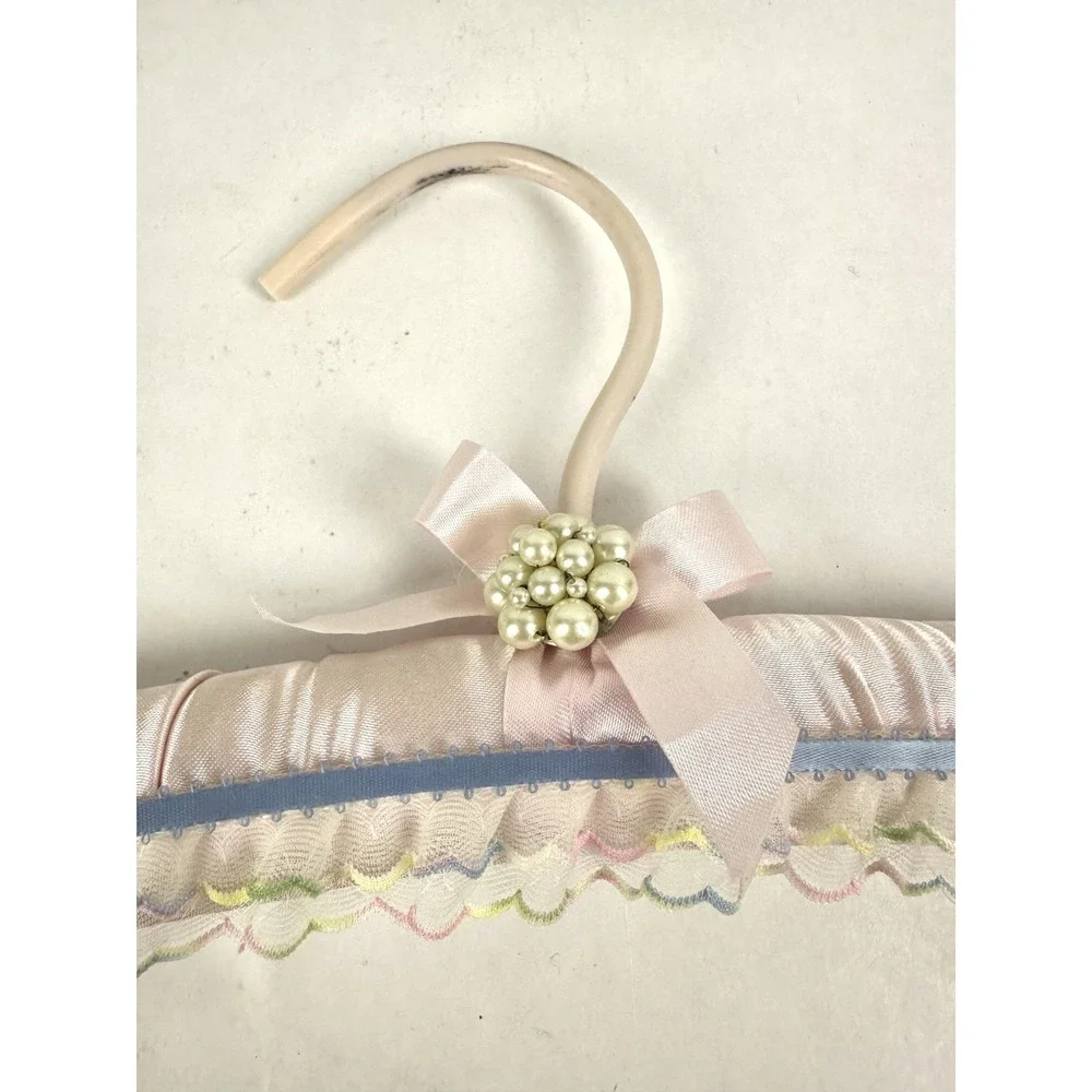Vintage Yarn Covered Crocheted  And Satin W/ Lace Clothes Hangers